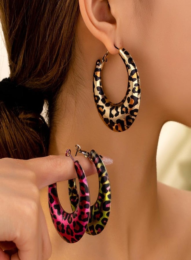 MarveBard Metal Geometric Leopard Print Earrings Exaggerated Round Hoop Earrings Red/Green/Gold Leopard Print Earrings Chunky Big Huggie Hoop Earrings Trendy Statement Earring Birthday Party Halloween Christmas Jewelry for Women (Gold) - Image 2